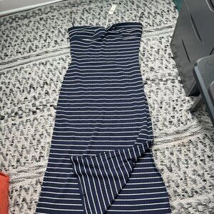 Navy Striped Strapless Midi Sweater Dress from Anthro